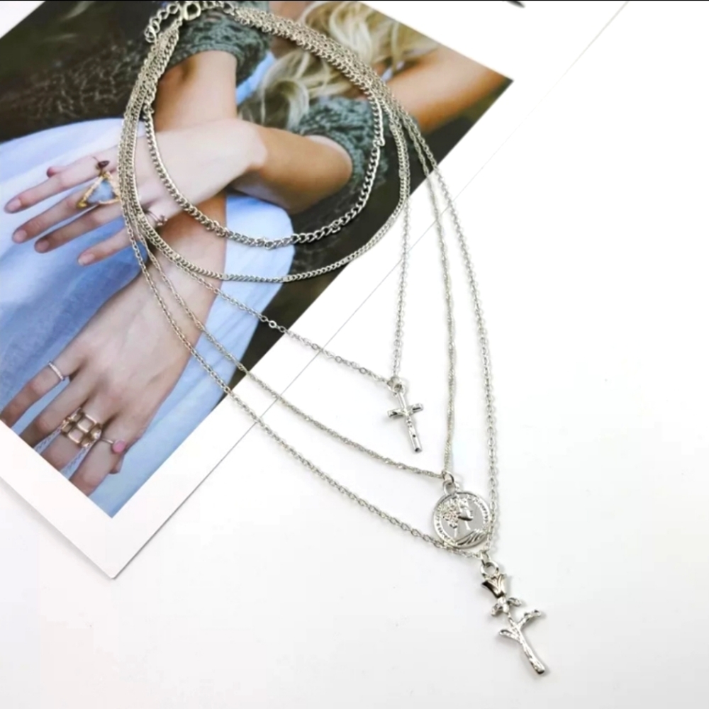 Rose pendant cross layered necklace